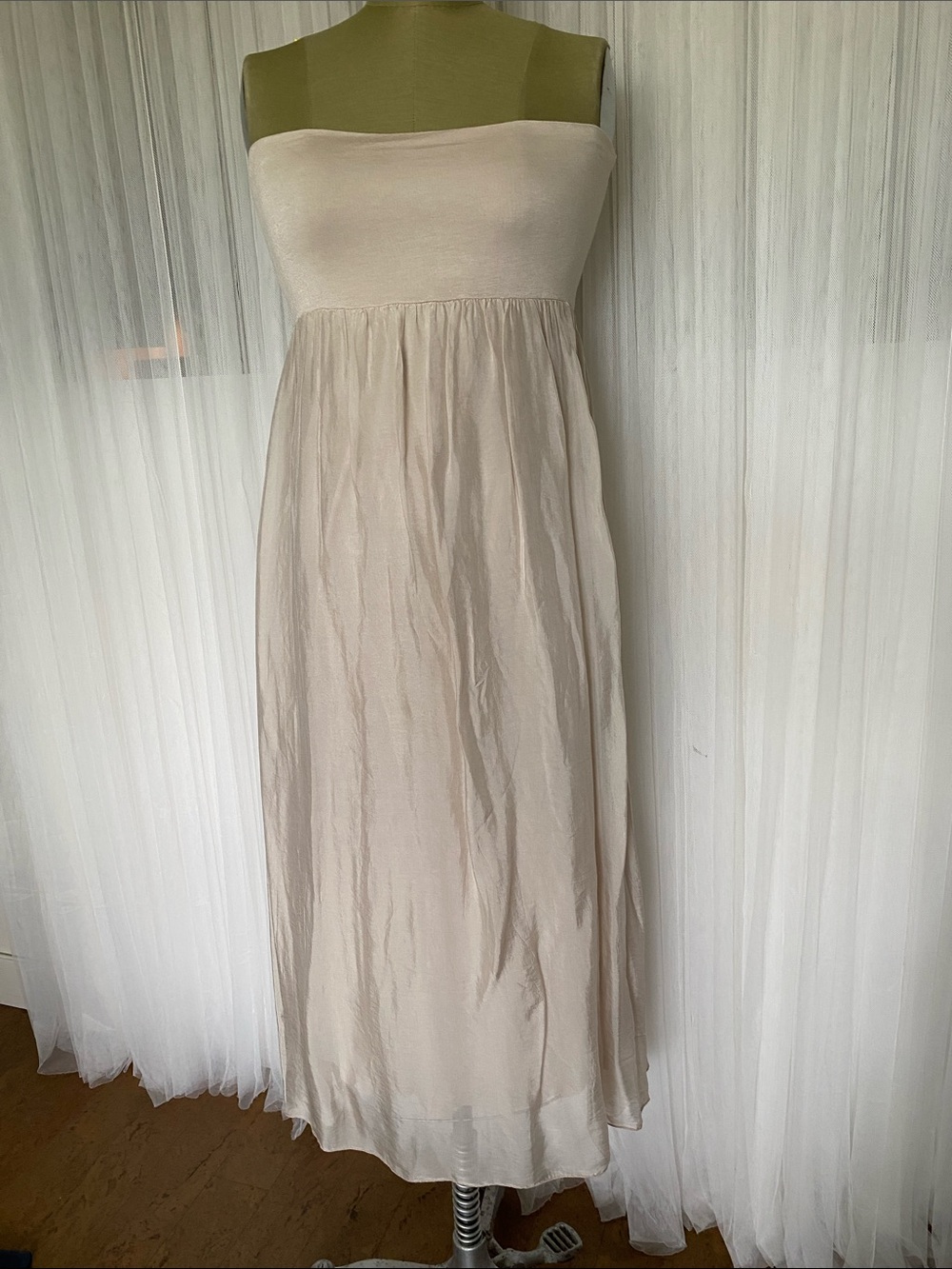 Light Beige Midi Dress - Feminine Sheer Silk Layer by Giusy Italy 🇮🇹